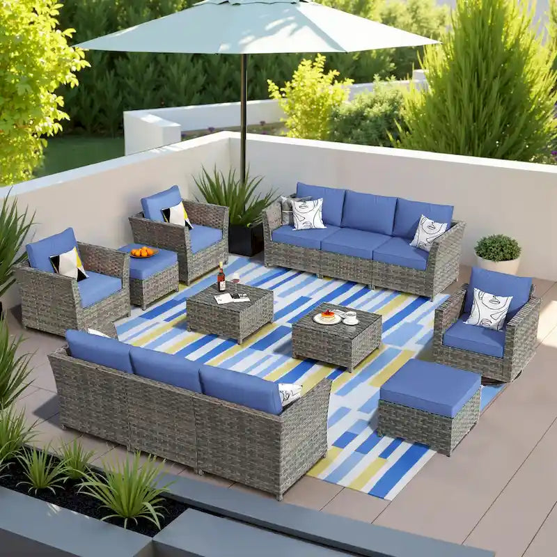 13-Piece PE Wicker Sectional Set with Swivel Rocking Chair and Glass Table