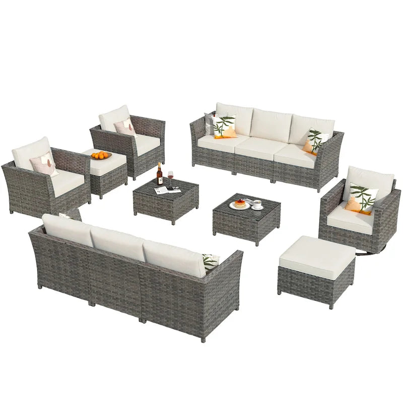13-Piece PE Wicker Sectional Set with Swivel Rocking Chair and Glass Table