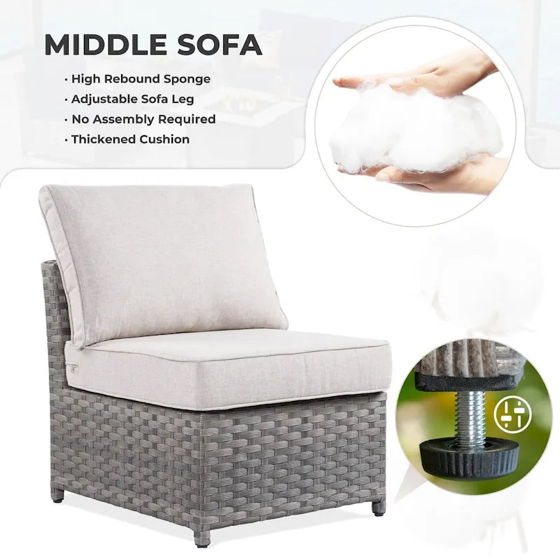 13-Piece PE Wicker Sectional Set with Swivel Rocking Chair and Glass Table