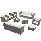 13-Piece PE Wicker Sectional Set with Swivel Rocking Chair and Glass Table