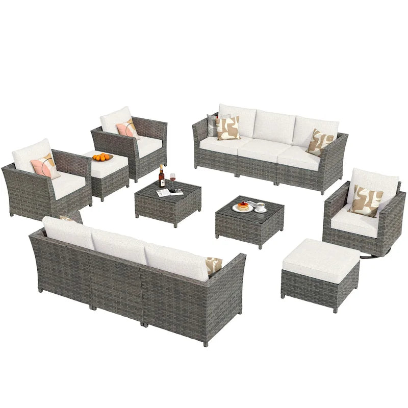 13-Piece PE Wicker Sectional Set with Swivel Rocking Chair and Glass Table