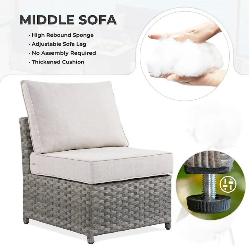 13-Piece PE Wicker Sectional Set with Swivel Rocking Chair and Glass Table