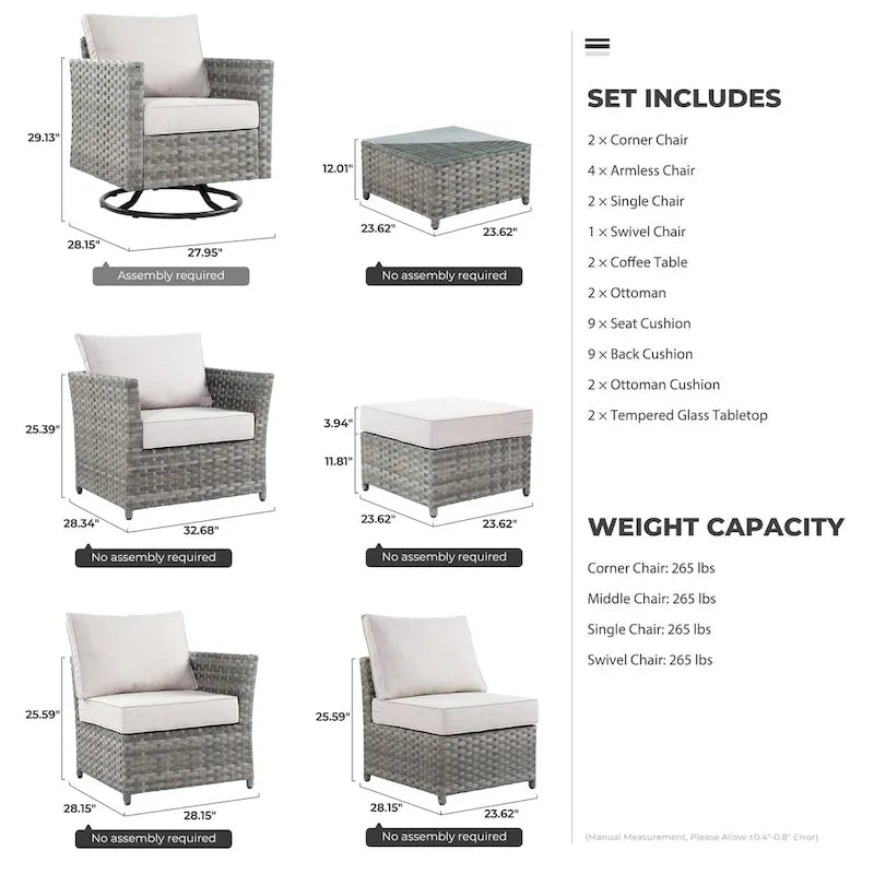 13-Piece PE Wicker Sectional Set with Swivel Rocking Chair and Glass Table