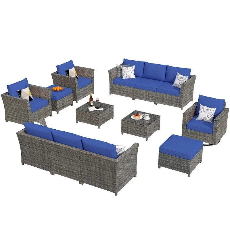 13-Piece PE Wicker Sectional Set with Swivel Rocking Chair and Glass Table
