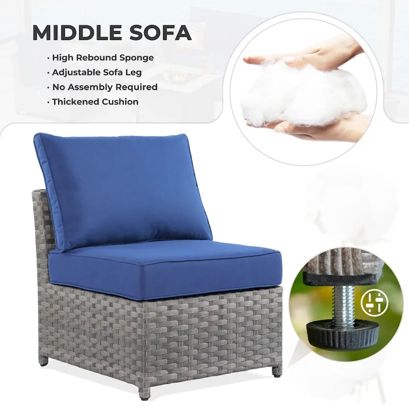 13-Piece PE Wicker Sectional Set with Swivel Rocking Chair and Glass Table