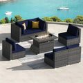 7-Piece PE Wicker High-Back Sectional Set Gray with Fire Pit Table for 6 People