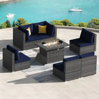 7-Piece PE Wicker High-Back Sectional Set Gray with Fire Pit Table for 6 People