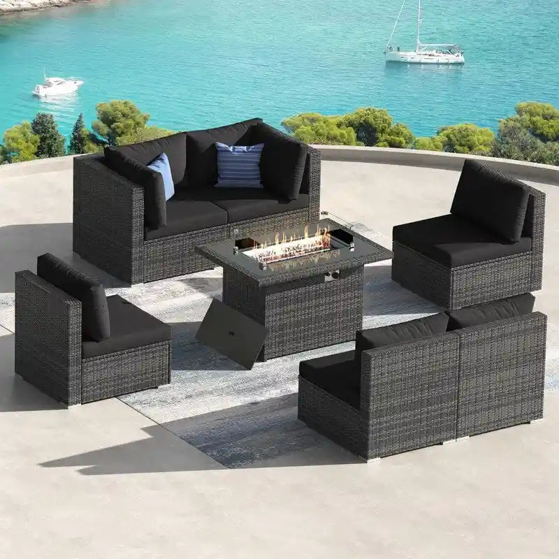 7-Piece PE Wicker High-Back Sectional Set Gray with Fire Pit Table for 6 People