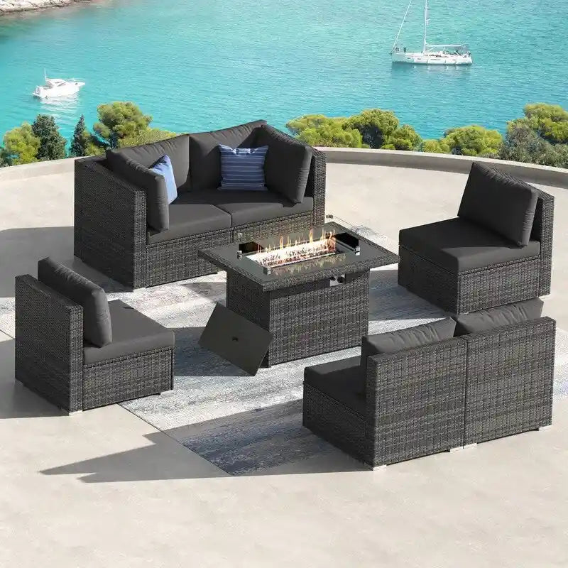 7-Piece PE Wicker High-Back Sectional Set Gray with Fire Pit Table for 6 People