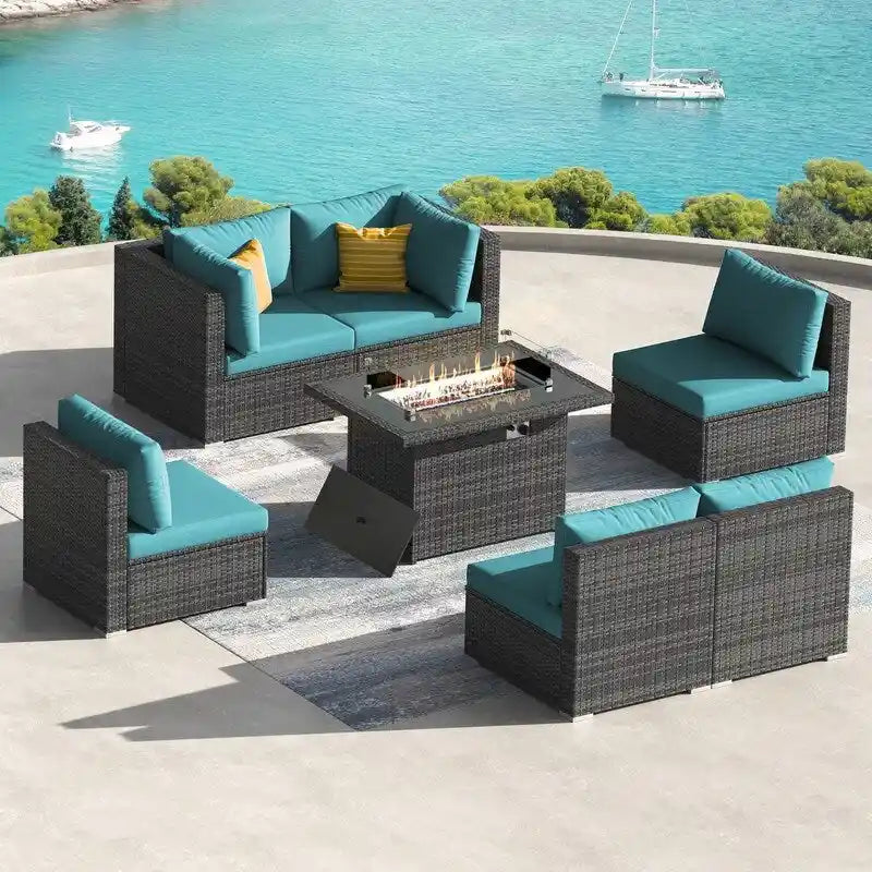 7-Piece PE Wicker High-Back Sectional Set Gray with Fire Pit Table for 6 People