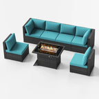7-Piece PE Wicker High-Back Sectional Set Gray with Fire Pit Table for 6 People
