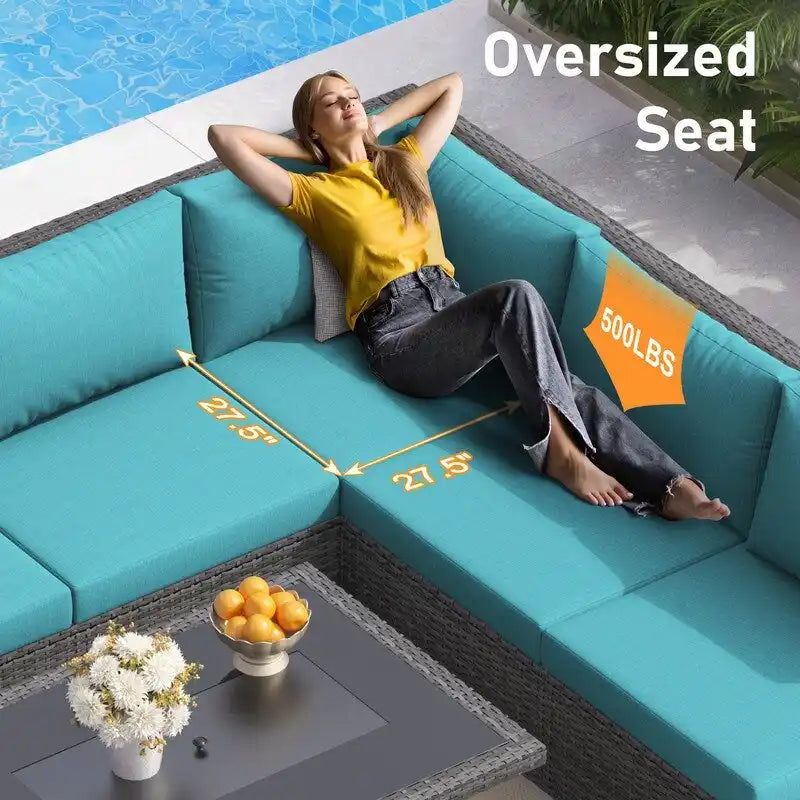 7-Piece PE Wicker High-Back Sectional Set Gray with Fire Pit Table for 6 People