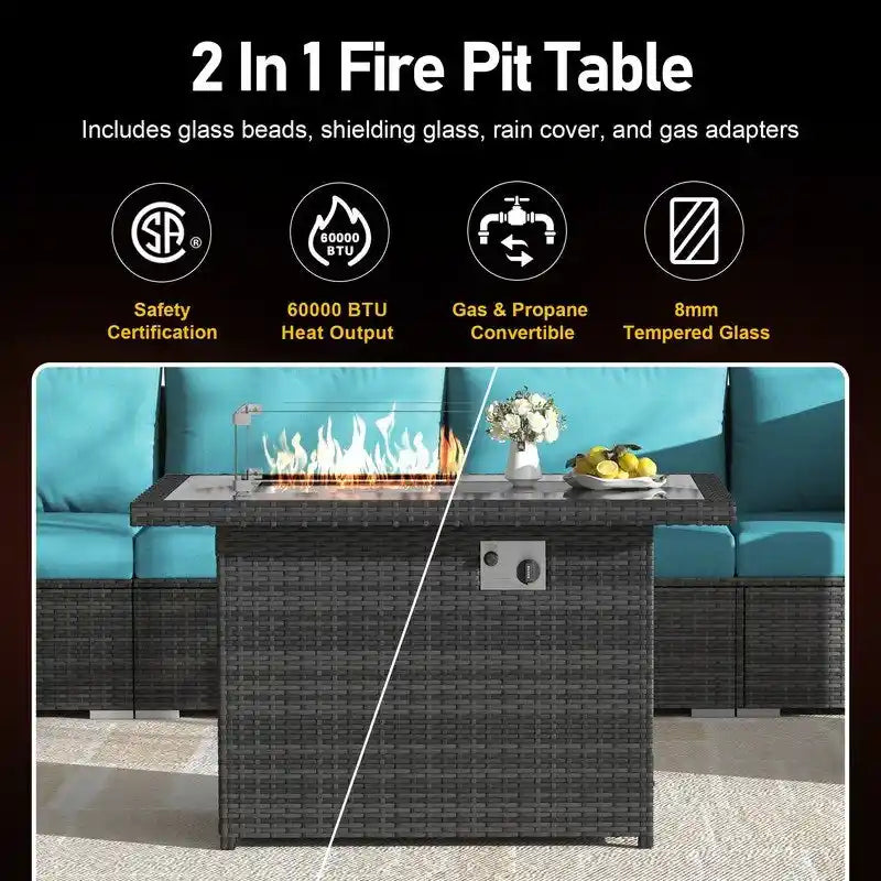7-Piece PE Wicker High-Back Sectional Set Gray with Fire Pit Table for 6 People