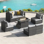7-Piece PE Wicker High-Back Sectional Set Gray with Fire Pit Table for 6 People