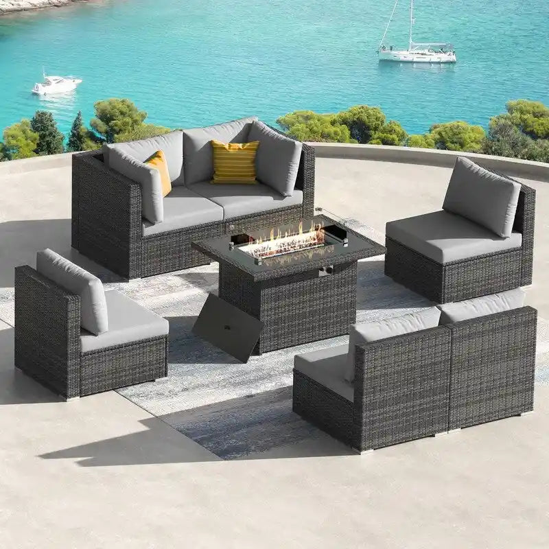 7-Piece PE Wicker High-Back Sectional Set Gray with Fire Pit Table for 6 People