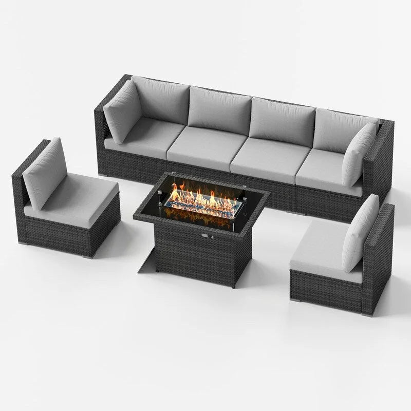 7-Piece PE Wicker High-Back Sectional Set Gray with Fire Pit Table for 6 People