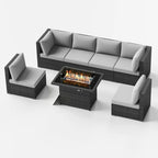 7-Piece PE Wicker High-Back Sectional Set Gray with Fire Pit Table for 6 People