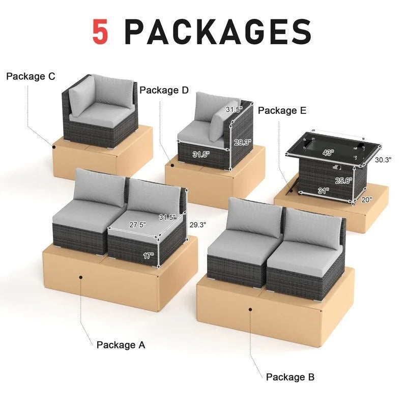 7-Piece PE Wicker High-Back Sectional Set Gray with Fire Pit Table for 6 People