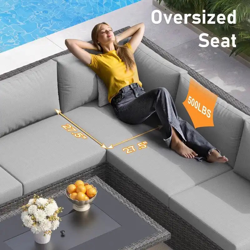7-Piece PE Wicker High-Back Sectional Set Gray with Fire Pit Table for 6 People