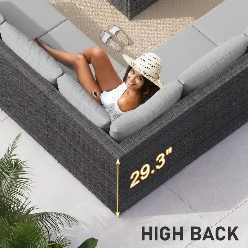 7-Piece PE Wicker High-Back Sectional Set Gray with Fire Pit Table for 6 People