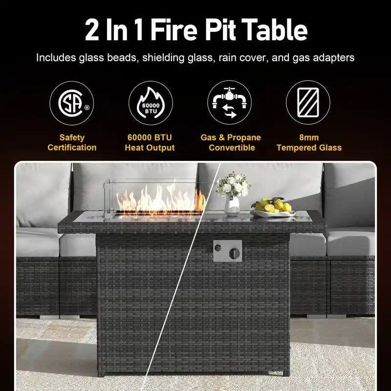 7-Piece PE Wicker High-Back Sectional Set Gray with Fire Pit Table for 6 People