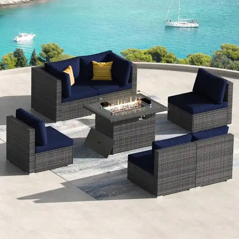 7-Piece PE Wicker High-Back Sectional Set Gray with Fire Pit Table for 6 People