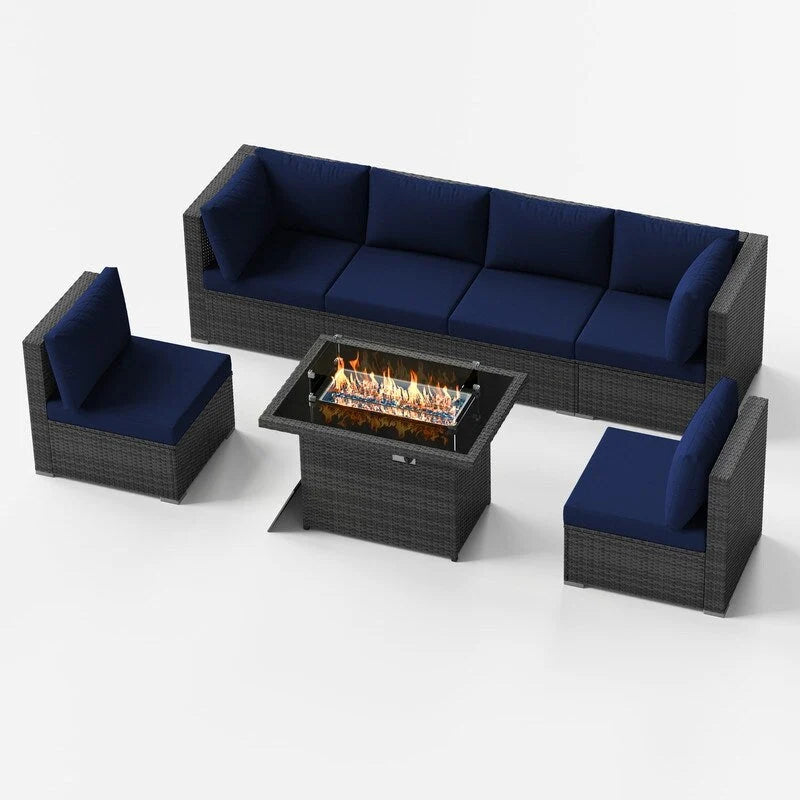 7-Piece PE Wicker High-Back Sectional Set Gray with Fire Pit Table for 6 People