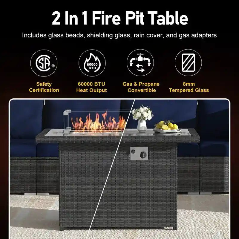 7-Piece PE Wicker High-Back Sectional Set Gray with Fire Pit Table for 6 People