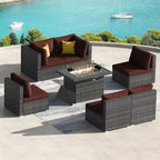 7-Piece PE Wicker High-Back Sectional Set Gray with Fire Pit Table for 6 People