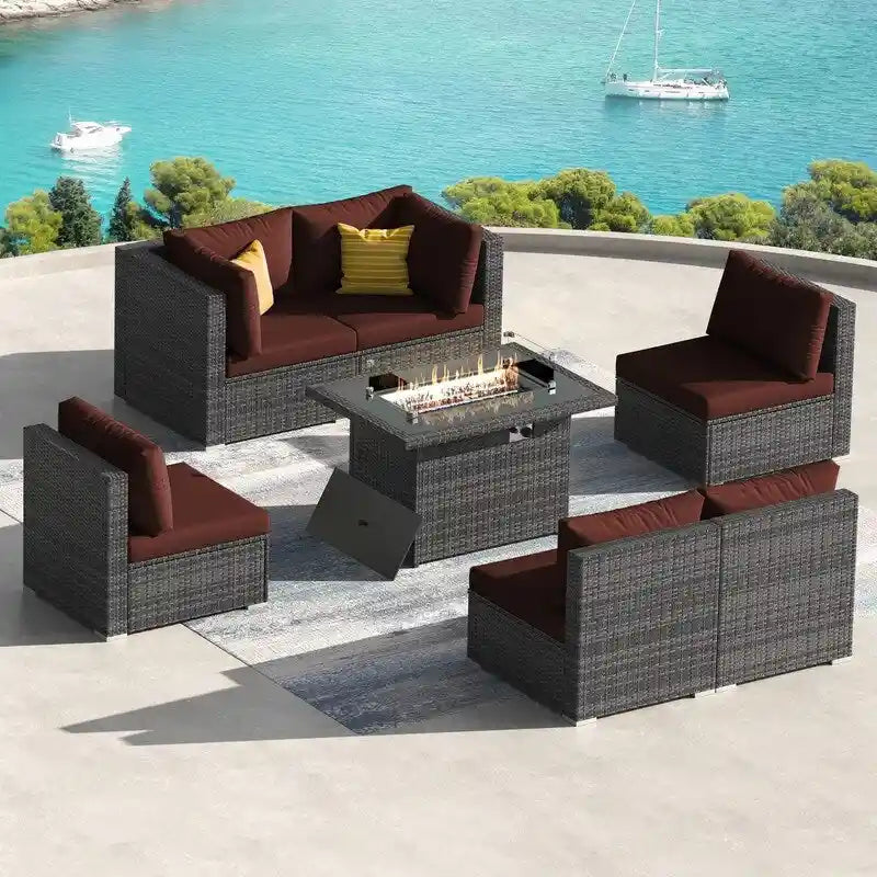 7-Piece PE Wicker High-Back Sectional Set Gray with Fire Pit Table for 6 People