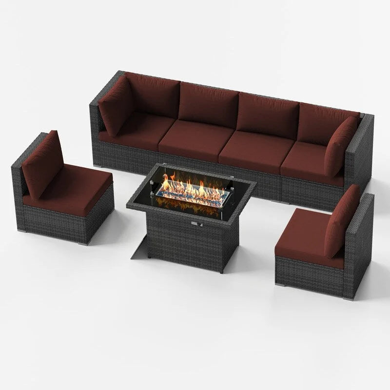 7-Piece PE Wicker High-Back Sectional Set Gray with Fire Pit Table for 6 People