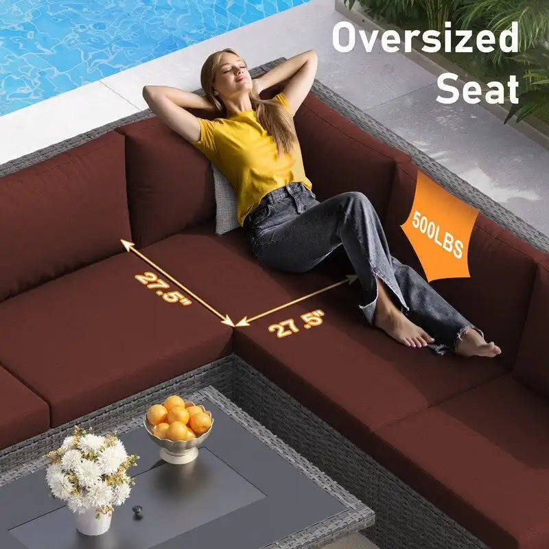 7-Piece PE Wicker High-Back Sectional Set Gray with Fire Pit Table for 6 People