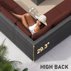 7-Piece PE Wicker High-Back Sectional Set Gray with Fire Pit Table for 6 People