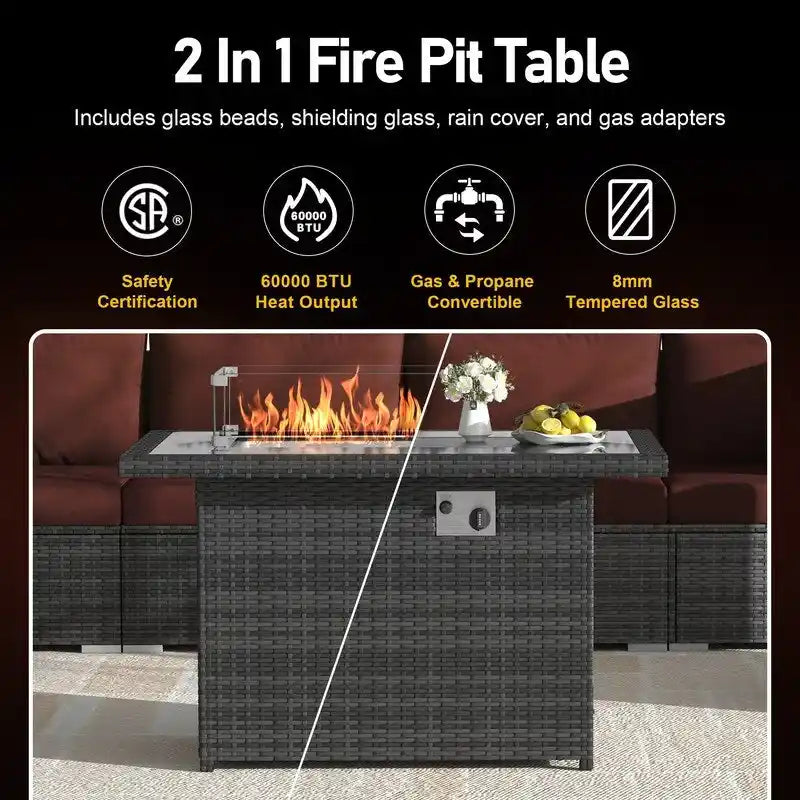 7-Piece PE Wicker High-Back Sectional Set Gray with Fire Pit Table for 6 People
