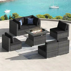 7-Piece PE Wicker High-Back Sectional Set Gray with Fire Pit Table for 6 People