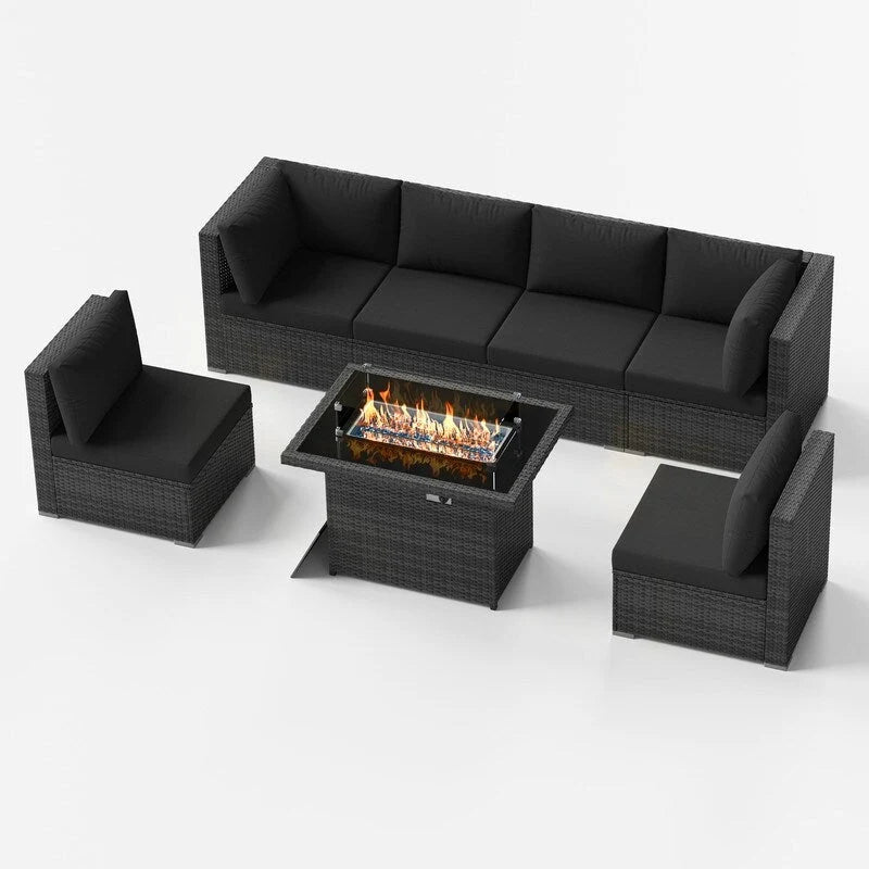 7-Piece PE Wicker High-Back Sectional Set Gray with Fire Pit Table for 6 People