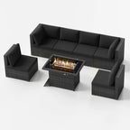 7-Piece PE Wicker High-Back Sectional Set Gray with Fire Pit Table for 6 People