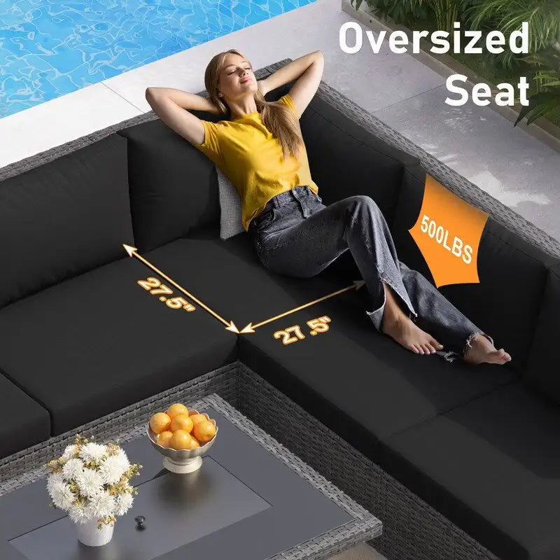 7-Piece PE Wicker High-Back Sectional Set Gray with Fire Pit Table for 6 People