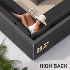 7-Piece PE Wicker High-Back Sectional Set Gray with Fire Pit Table for 6 People