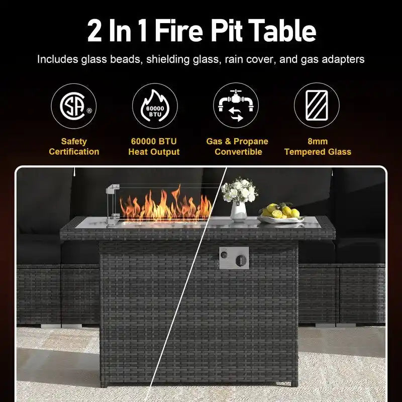 7-Piece PE Wicker High-Back Sectional Set Gray with Fire Pit Table for 6 People