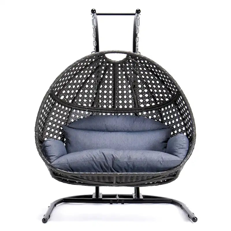 2-Person Hanging Swing Chair Charcoal Wicker with Stand and Cushion
