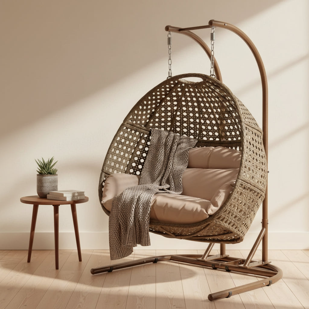 2-Person Hanging Swing Chair Charcoal Wicker with Stand and Cushion