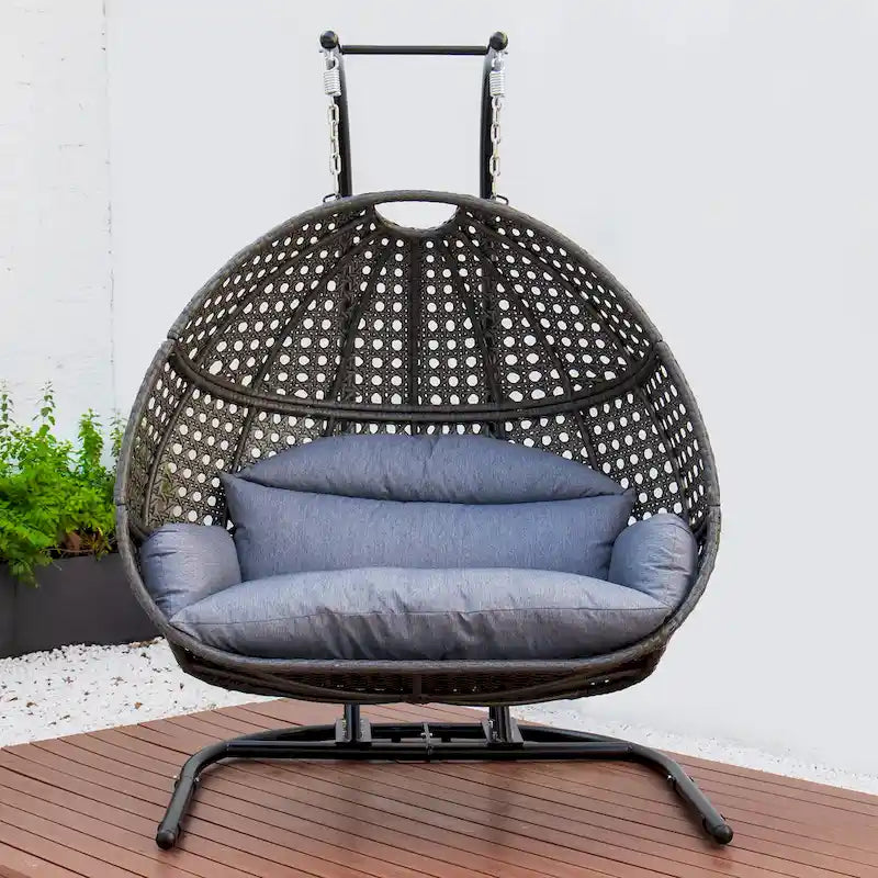 2-Person Hanging Swing Chair Charcoal Wicker with Stand and Cushion
