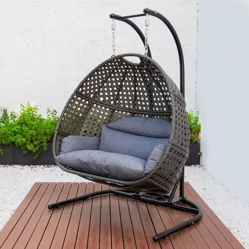 2-Person Hanging Swing Chair Charcoal Wicker with Stand and Cushion