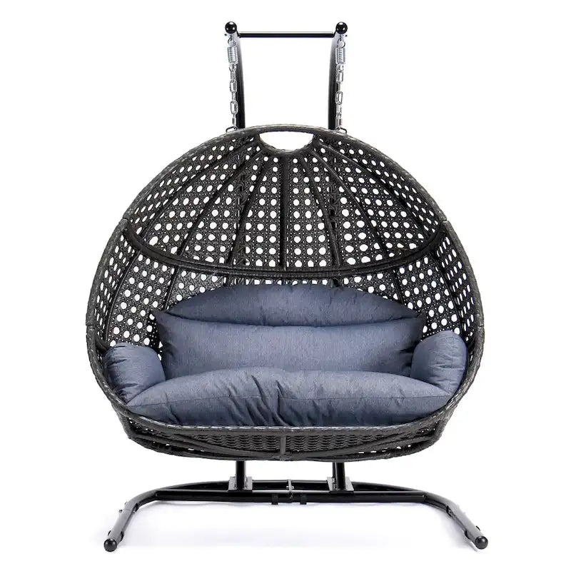 2-Person Hanging Swing Chair Charcoal Wicker with Stand and Cushion
