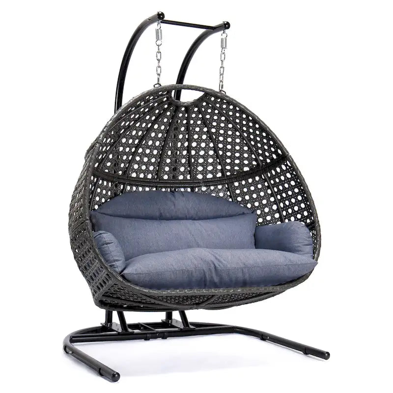 2-Person Hanging Swing Chair Charcoal Wicker with Stand and Cushion