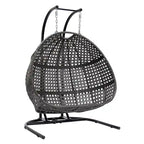 2-Person Hanging Swing Chair Charcoal Wicker with Stand and Cushion