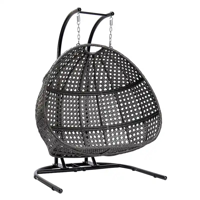 2-Person Hanging Swing Chair Charcoal Wicker with Stand and Cushion