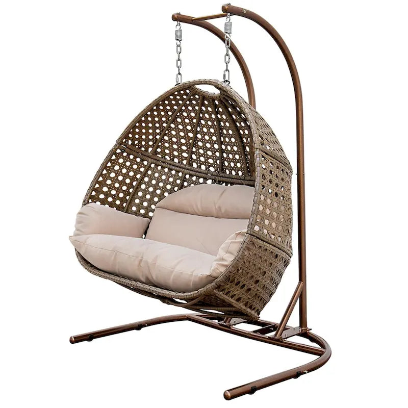 2-Person Hanging Swing Chair Charcoal Wicker with Stand and Cushion
