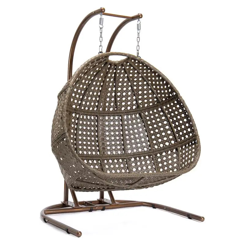 2-Person Hanging Swing Chair Charcoal Wicker with Stand and Cushion
